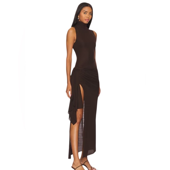 Ronny Kobo- Crystal Dress in Chocolate Brown Ruched Side-Slit Size Medium - Picture 3 of 8